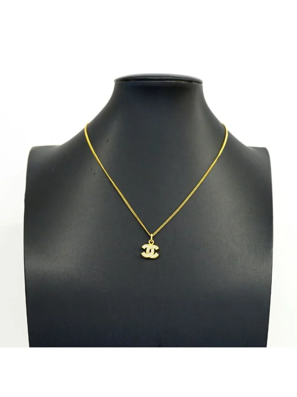 Chanel Necklace Vintage CC Logo Gold Plated Rhinestone